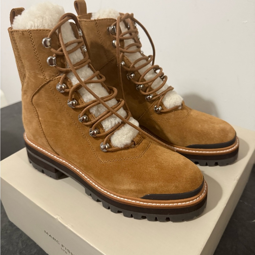 Marc Fisher Tan Lace Up Boots with Shearling